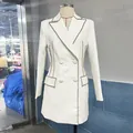 Detailed view of white double-breasted blazer dress with sparkling rhinestone trim - S / Dresses / White