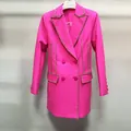 Detail of fuchsia blazer dress featuring luxurious rhinestone and bead embellishments. - S / Dresses / Fluorescent Pink