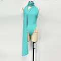 Elegant turquoise knit bodysuit set with shimmering rhinestones and matching long neck scarf. - S / Tops / Sky Blue Top