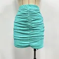 Detailed view of turquoise ruched mini skirt with sparkling rhinestone embellishments - S / Bottoms / Sky Blue Skirt
