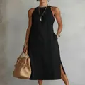 Stylish loose black sleeveless maxi dress featuring elegant lace details and side slits - S / Dresses / Black