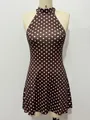 Front view of brown polka dot halter dress on mannequin showing detailed pattern and cut. - S / Dresses / Brown