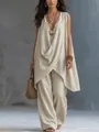 Full view of elegant beige sleeveless cotton linen two-piece set with wide-leg pants - Off White