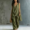 Bohemian olive green linen two-piece set featuring a sleeveless top and wide-leg trousers - Army Green