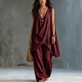Full view of women's sleeveless burgundy cotton linen loose vacation set with wide leg pants - S / Top And Bottom / Burgundy