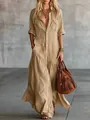 Elegant khaki long button-down shirt dress featuring a tiered skirt, pockets and boho style - Khaki