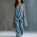 Full-length view of a breezy light blue linen sleeveless tunic and wide-leg pants set - S / Top And Bottom / Sky Blue