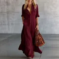 Elegant burgundy long sleeve maxi shirt dress with buttons and side pockets. - S / Dresses / Burgundy