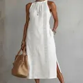 Full view of a white sleeveless maxi dress with ethnic embroidery and side slits - S / Dresses / White
