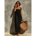 Elegant black cotton linen maxi slip dress with a retro minimalist aesthetic for summer - S / Dresses / Black