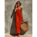 Elegant burnt orange linen slip maxi dress for summer, featuring a vintage lazy style. - S / Dresses / Red