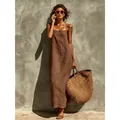 Robe maxi vintage en lin marron avec fines bretelles pour la plage ou les vacances - 3XL / Robes / Beige