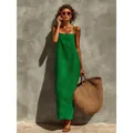 Robe longue rétro en coton et lin vert à fines bretelles pour les vacances d'été - S / Robes / Vert