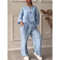 Entspannter hellblauer Leinen-Zweiteiler mit einem Tunika-Oberteil und weiter Hose - S / Oberteil Und Unterteil / Hellblau