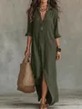 Détail d'une robe chemise maxi vert olive avec col à revers et fente frontale élégante - S / Robes / Vert