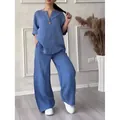 Elegant women's two-piece casual loungewear set in dusty blue with wide-leg trousers - Denim Blue