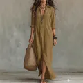 Vue détaillée d'une robe chemise maxi vert olive avec fente frontale et accessoires boho - S / Robes / Jaune Terre