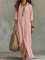 Boheemse casual roze effen maxi-overhemdjurk met revers en split aan de voorkant. - Roze
