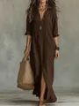 Boho stijl donkerbruine maxi-jurk met revers en split aan de voorkant voor dames - Bruin