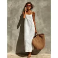 Bohemian white cotton linen slip maxi dress for summer beach vacation - S / Dresses / White
