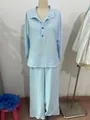 Light blue two-piece women's lounge set featuring button-down top and wide-leg trousers. - S / Top And Bottom / Light Blue