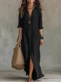 Robe longue noire décontractée avec col à revers et fente avant pour l'automne - S / Robes / Noir