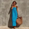 Elegant bright blue cotton linen strap maxi dress with a vintage relaxed summer fit - S / Dresses / Sky Blue