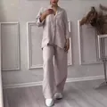 Elegante set casual due pezzi in cotone e lino con camicia e pantaloni a gamba larga - Taglia S / Top E Pantaloni / Kaki