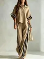 Detalle de un conjunto de dos piezas para mujer en lino beige con rayas negras laterales - S / Top Y Pantalón / Caqui