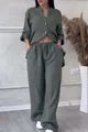 Completo casual due pezzi in cotone lino con camicia bottoni e pantaloni larghi coulisse - verde-grigio