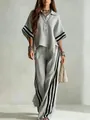 Elegante conjunto de dos piezas gris para mujer con rayas negras, camisa y pantalón holgados - S / Top Y Pantalón / Gris