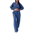 Completo casual in lino blu con camicia e pantaloni sportivi a gamba larga. - Taglia S / Top E Pantaloni / Blu scuro