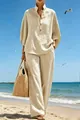 Elegant beige linen two-piece casual set for women, perfect for summer beach wear - S / Top And Bottom / Khaki