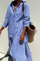 Close-up detail of a blue and white striped shirt dress with half sleeves and side slit - S / Dresses / Blue Stripe