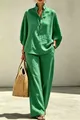 Elegant vibrant green linen-style two-piece casual suit for women's daily commute - S / Top And Bottom / Green