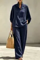Elegant navy blue linen two-piece set with tunic top and wide-leg trousers for women - S / Top And Bottom / Dark Blue