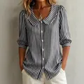 Classic black and white vertical striped blouse with Peter Pan collar and mid sleeves for women - S / Tops / Black