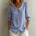 Women's blue and white vertical striped blouse with puff sleeves and Peter Pan collar - Blue