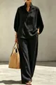 Elegant black linen-style urban leisure two-piece set for women with wide leg pants - S / Top And Bottom / Black