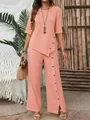 Elegant peach two-piece set with asymmetrical hem shirt and wide-leg button pants - Pink
