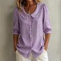 Elegant purple striped women's blouse with Peter Pan collar and puffed mid-sleeves - Purple