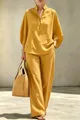Elegant mustard yellow two-piece linen-style casual outfit for women city commute - S / Top And Bottom / Earthy Yellow