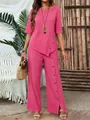 Elegant pink two-piece set for women featuring irregular hem top and button-up wide pants. - Rose Red