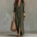 Elegant bohemian olive green long sleeve maxi dress with lapel collar and front slit - S / Dresses / Green