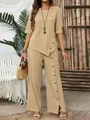 Elegant beige two-piece linen set with irregular hem shirt and wide-leg button trousers. - 5XL / Top And Bottom / Khaki