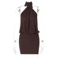 Detailed view of dark brown halter neck backless bodycon mini dress for women - XS / Dresses / Coffee