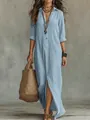 Bohemian light blue solid color maxi dress with lapel collar and front slit for summer - Light Blue