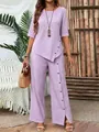 Elegant lavender two-piece set with irregular hem top and wide-leg buttoned trousers - S / Top And Bottom / Purple
