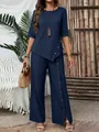 Elegant navy blue two-piece set featuring irregular hem top and wide-leg button trousers. - S / Top And Bottom / Navy Blue