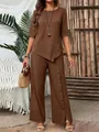 Elegant coffee brown two-piece set featuring irregular hem top and buttoned wide-leg trousers - Brown